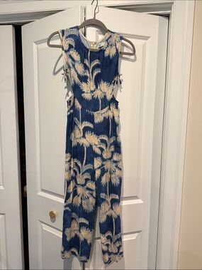 Zara Blue and Cream Palm-Print Sleeveless Dress